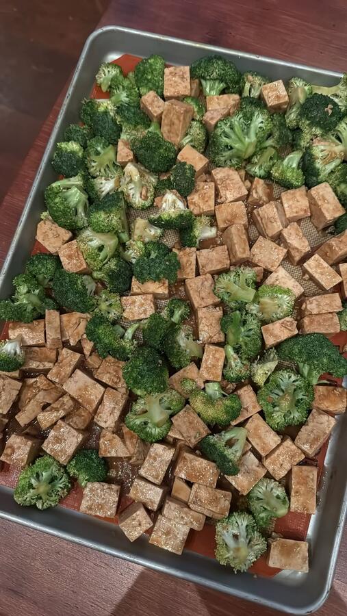 A sheet pan of tofu and broccoli